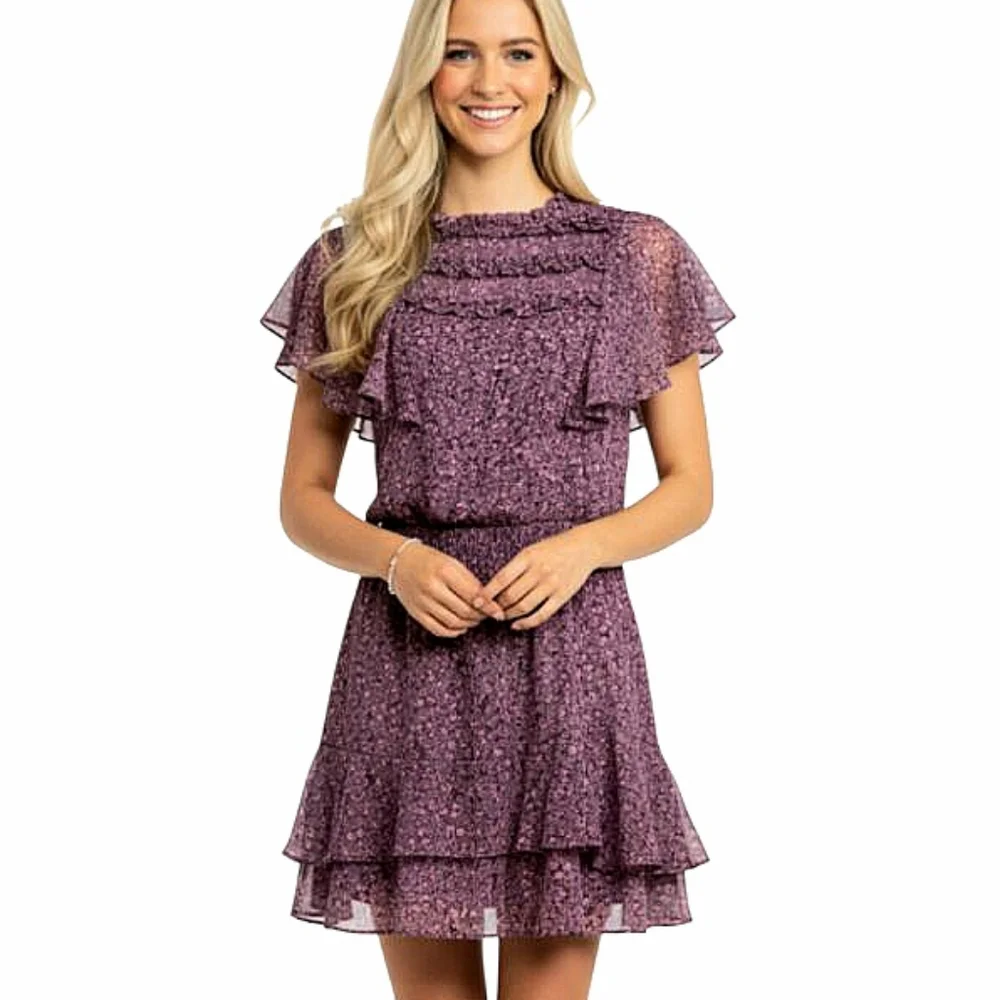 Parker Ruffle Silk Mini Dress in Funfetti Purple Size Small